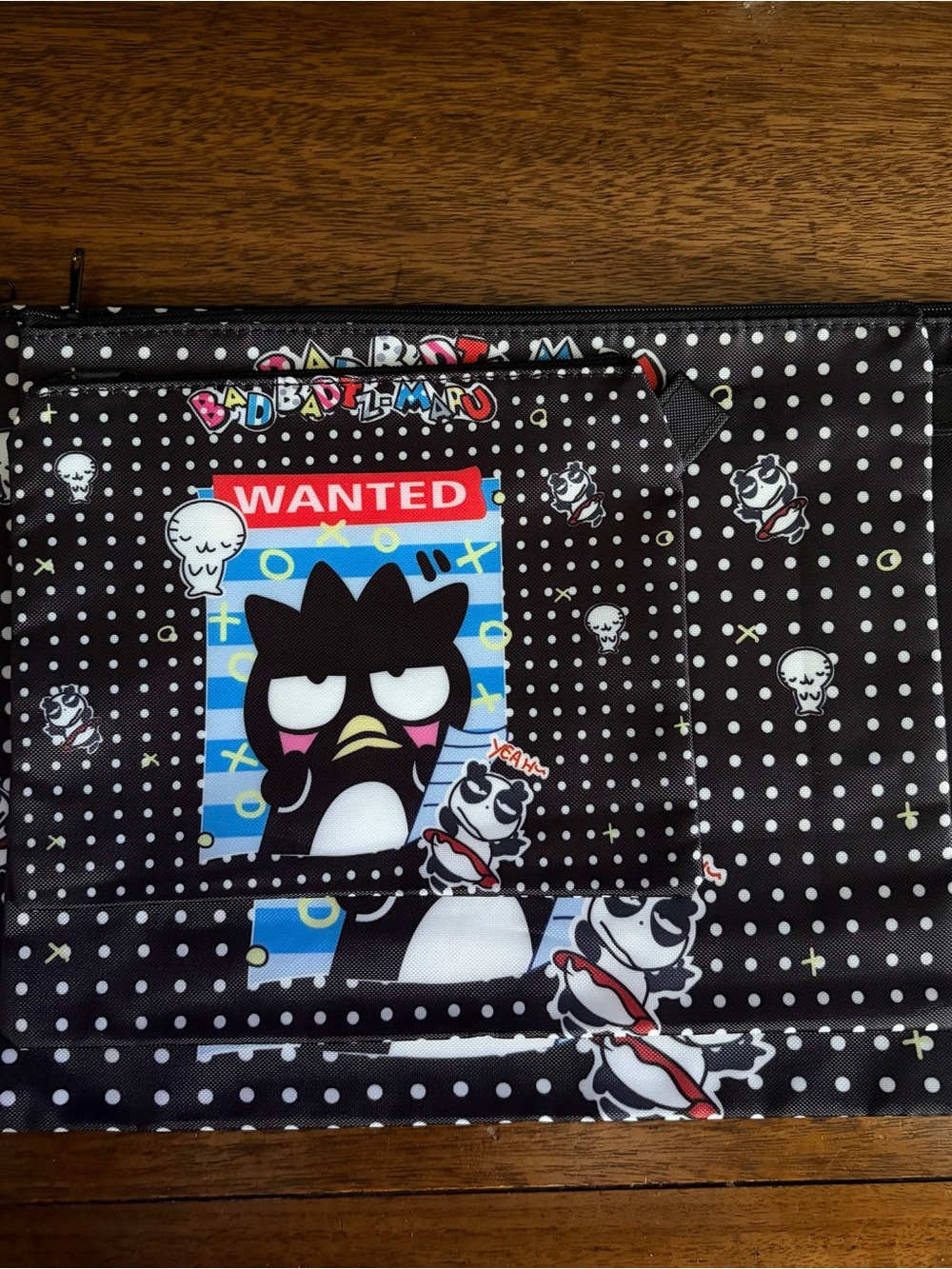 Sanrio Badtz-Maru Black White Polka Dot 'WANTED' Zipper Pouch 3pc